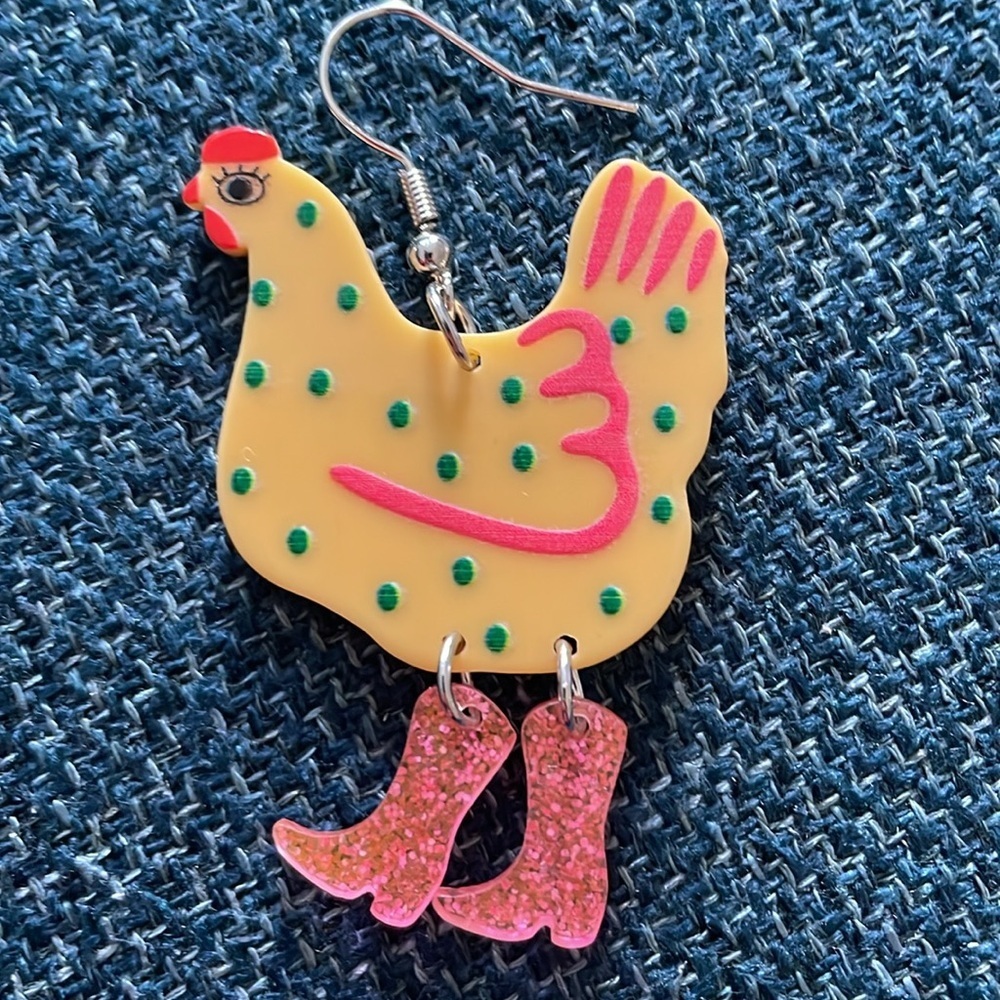Quirky Chicken Earrings with Pink Glitter Boots - Picture 4 of 4
